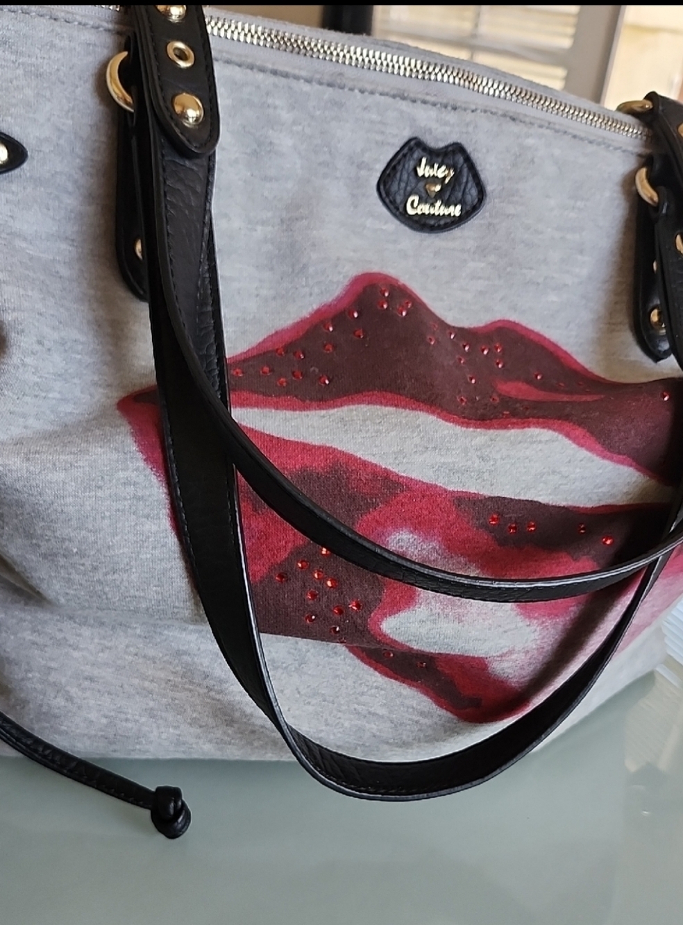 Juicy Couture Jersey Knit Barbiecore Rhinestone Lips Overnight Tote Bag - Picture 7 of 15